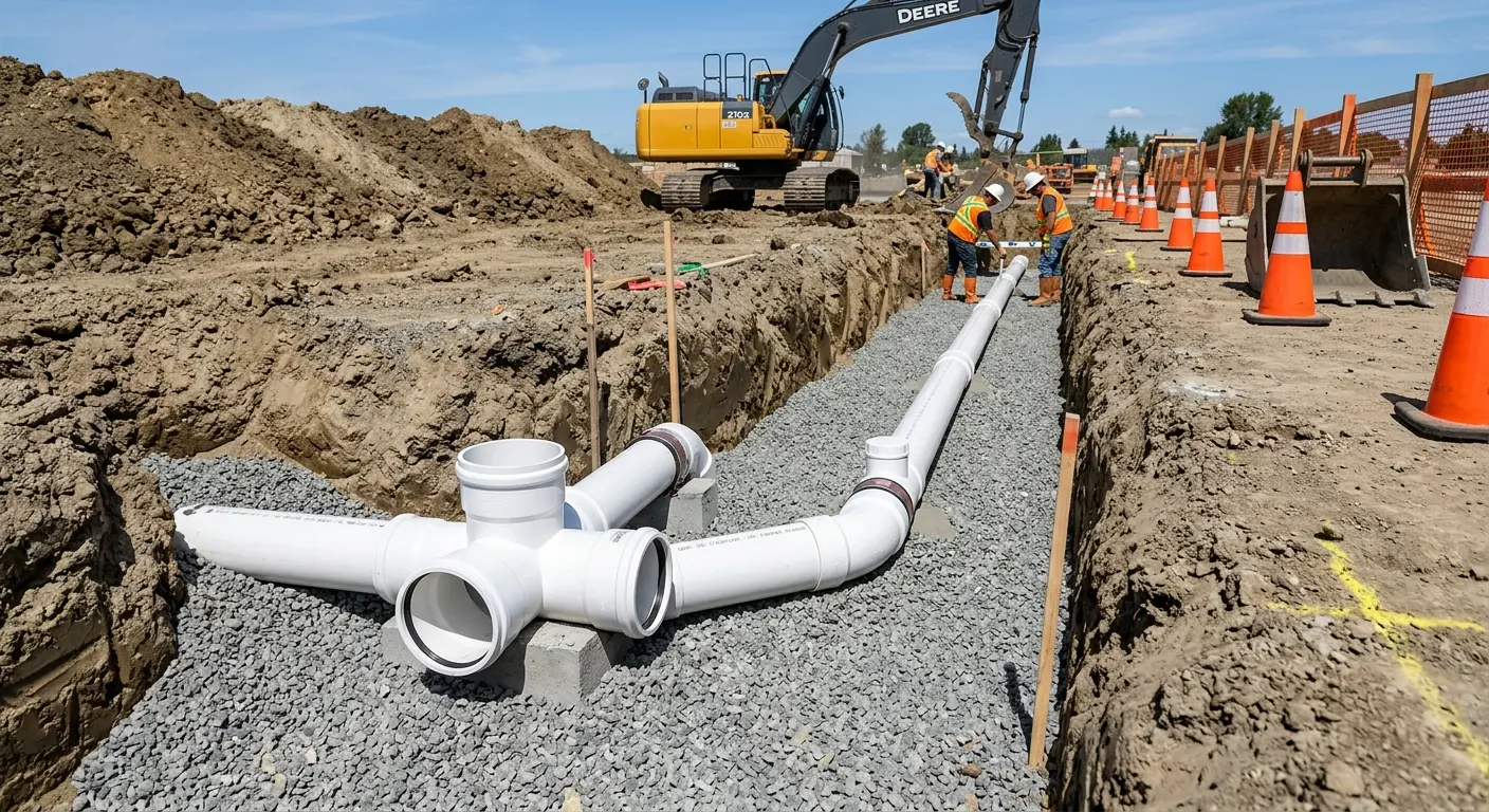 New PVC sewer pipe installation in open trench for Grease Trap Cleaning in Mokena