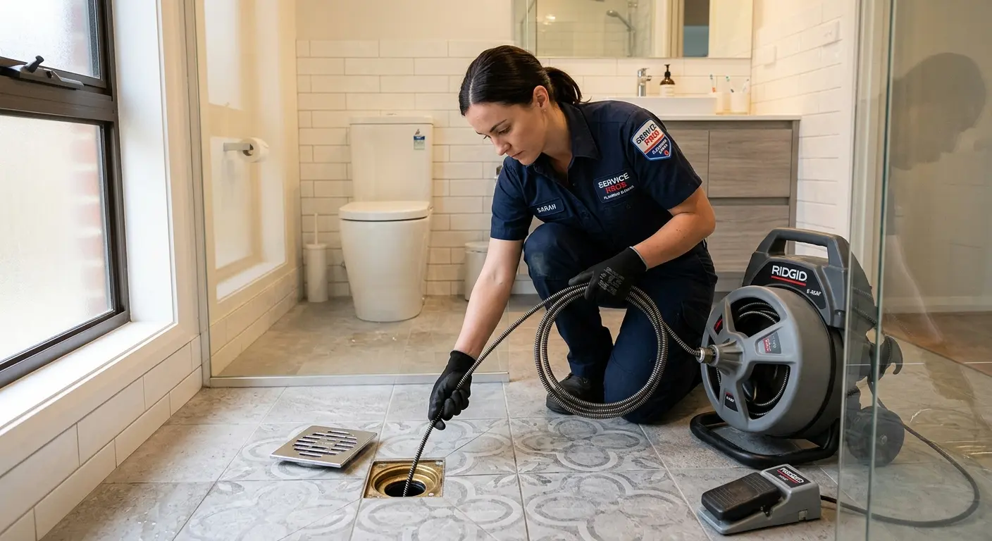 Technician clearing a bathroom floor drain for Sewer Line Installation in Mokena